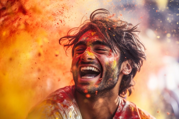 Jovem indiano feliz celebrando o festival de holi com salpicos de tintas em pó coloridas