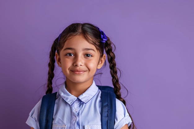 Jovem indígena alegre com tranças em uniforme escolar segura uma mochila e posa em fundo roxo representando o início de um novo ano escolar