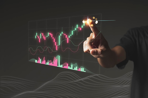 Jovem investidor com gráfico gráfico de negociação de investimentos no mercado de ações