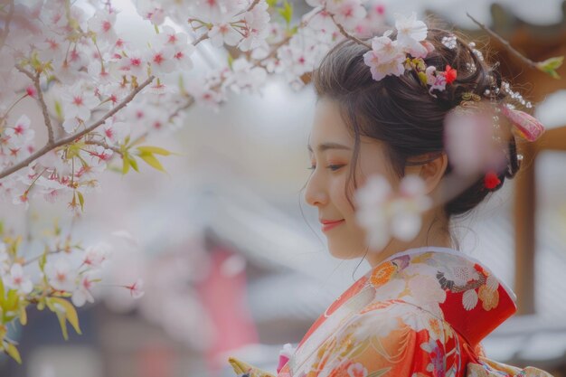 Jovem japonesa em kimono tradicional no santuário das flores de cerejeira