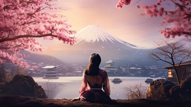 Jovem japonesa meditando em frente ao Monte Fuji com flores de cerejeira em flor