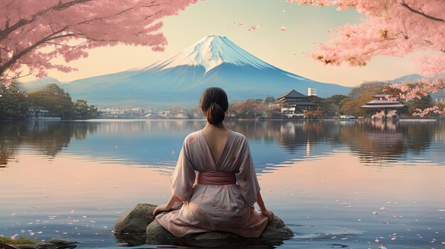 Jovem japonesa meditando em frente ao Monte Fuji com flores de cerejeira em flor