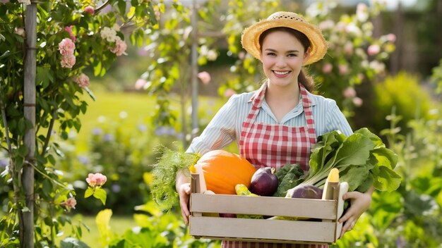 Jovem jardineira linda em avental e chapéu segurando caixa cheia de vegetais e calabacão lookign