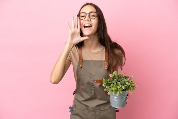 Jovem jardineira segurando uma planta isolada em um fundo rosa e gritando com a boca aberta