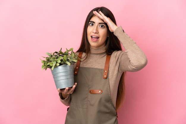 Jovem jardineira segurando uma planta isolada na parede rosa, fazendo um gesto surpresa enquanto olha para o lado