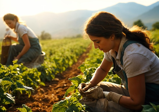 Foto jovem jardineira trabalhando no campo com jovem no fundo