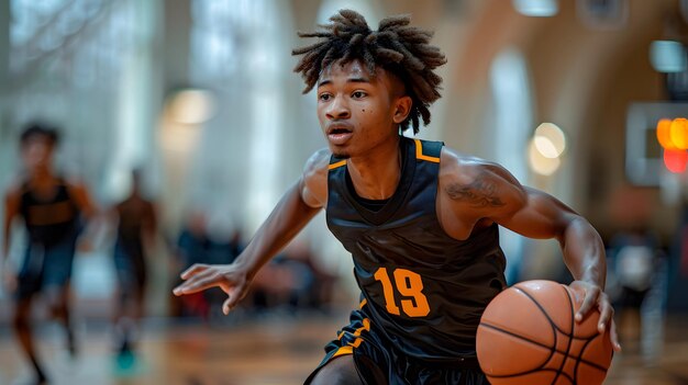 jovem jogador de basquete do ensino médio no meio de um jogo e em movimento Concept Sport