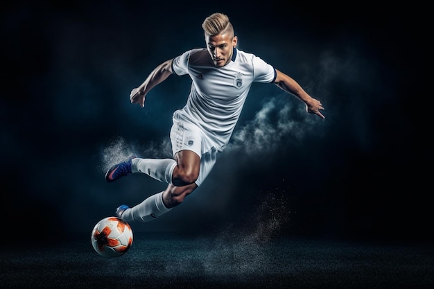 Foto jovem jogador de futebol ou futebol caucasiano em roupas esportivas e botas chutando bola