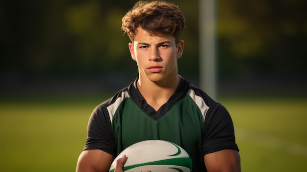 Jovem jogador de rugby masculino determinado em fundo verde