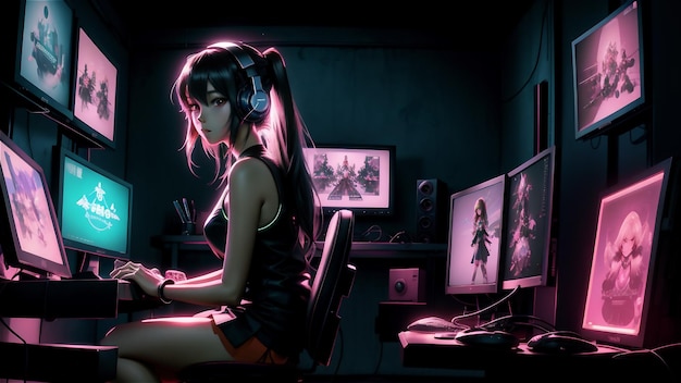 Jovem jogadora de videogame profissional de mulher caucasiana jogando em videogame on-line de cor de néon com foco suave