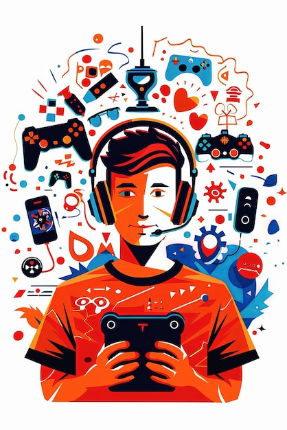 Foto jovem jogando videogame com fones de ouvido