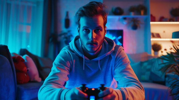 Jovem jogando videogames em casa ele está sentado em uma sala escura iluminado apenas pela luz da tv