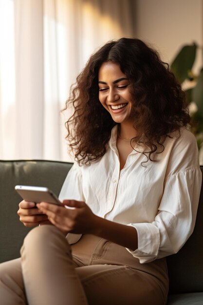 Jovem latina feliz sentada no sofá segurando um telefone celular usando tecnologia celular fazendo compras de comércio eletrônico comprando mensagens de texto on-line