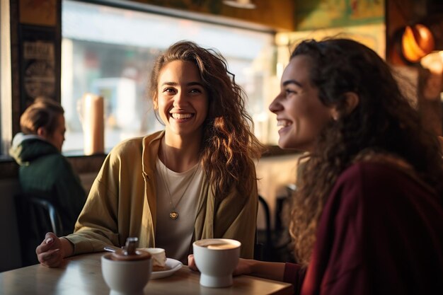 Jovem latina tomando café com uma amiga no restaurante