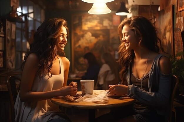 Jovem latina tomando café com uma amiga no restaurante