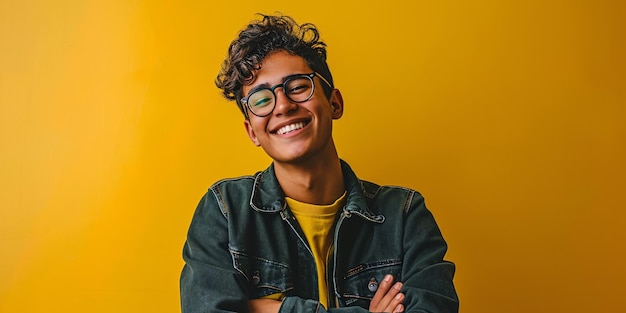 Foto jovem latino contente posando em frente a um fundo amarelo com expressão alegre braços cruzados e olhar direto para a lente indivíduo otimista