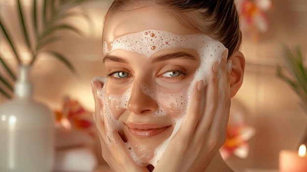 jovem lava o rosto com espuma facial cosmética contra o pano de fundo de um banheiro em natural
