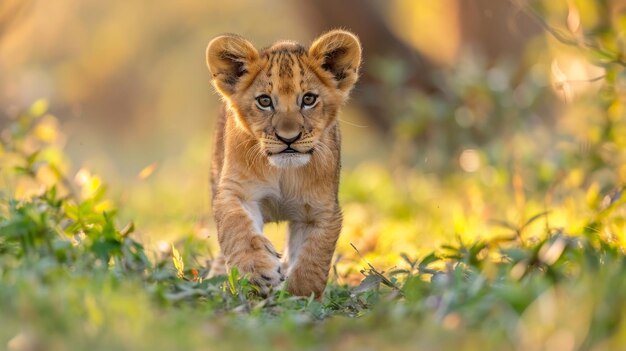 Foto jovem leão explorando a vasta savana africana curiosidade nos olhos vibrante dinâmico ecossistema história de crescimento suave luz da manhã ia generativa