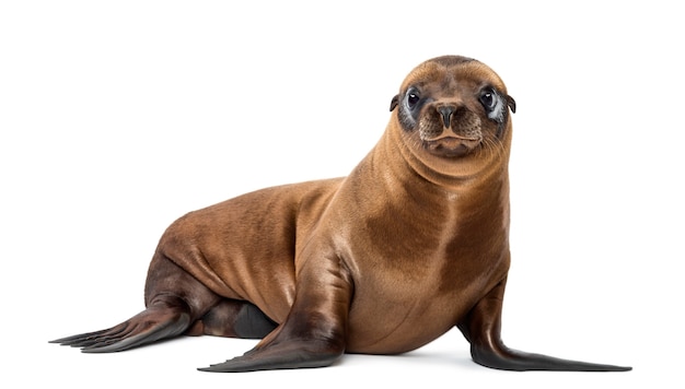 Jovem leão-marinho da califórnia, zalophus californianus, retrato, 3 meses de idade contra um espaço em branco