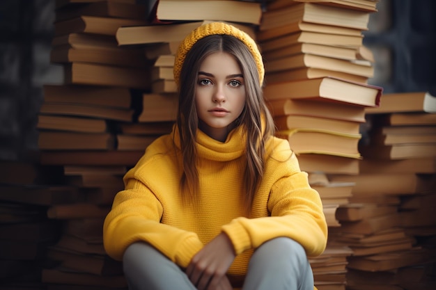 Jovem leitor absorto num romance em meio a pilhas de livros