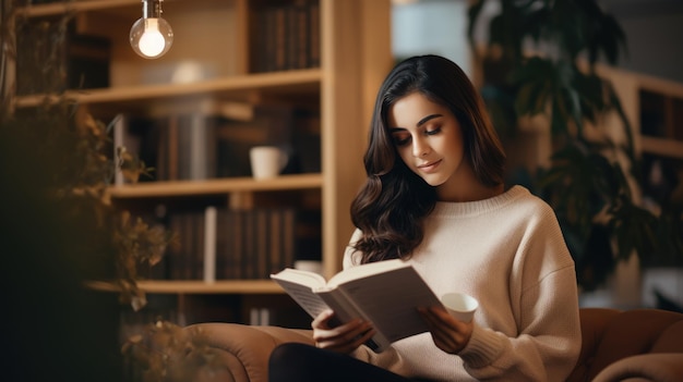 Jovem lendo livro em casa em frente à estante de livros