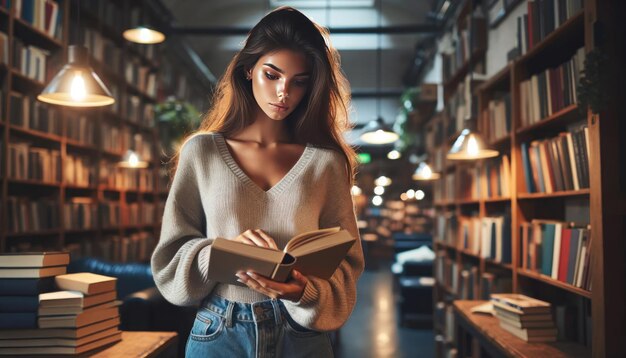 Jovem lendo livro na biblioteca