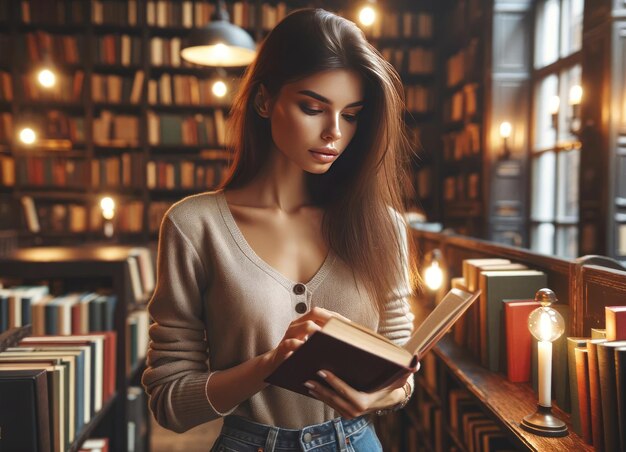 Jovem lendo livro na biblioteca