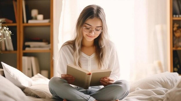 jovem lendo livro no quarto