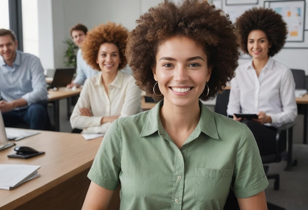 Foto jovem líder sorrindo com confiança durante uma reunião ambiente de equipe vibrante e colaborativo