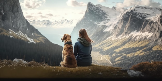 Jovem linda aprecia a vista com seu cachorro durante uma caminhada na montanha