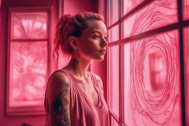 jovem linda com tatuagem em um vestido rosa posando para a câmera