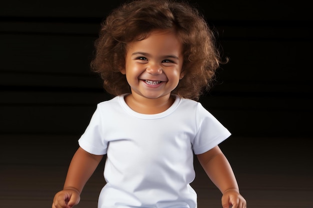 Jovem linda em uma maquete de camiseta branca Camiseta branca vazia para publicidade em um estúdio preto