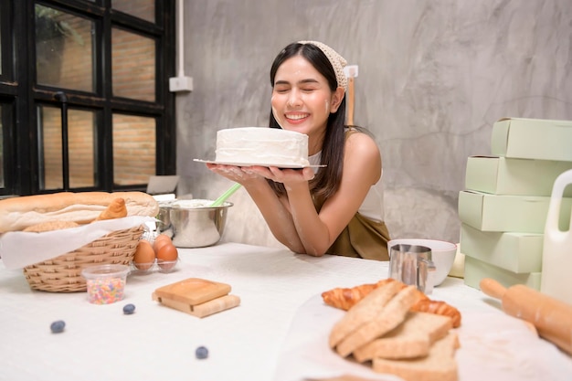 Jovem linda está assando em sua padaria de cozinha e negócios de cafeteria