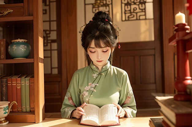 Jovem linda lendo livro na sala de estudo usando ilustração de papel de parede chinês hanfu