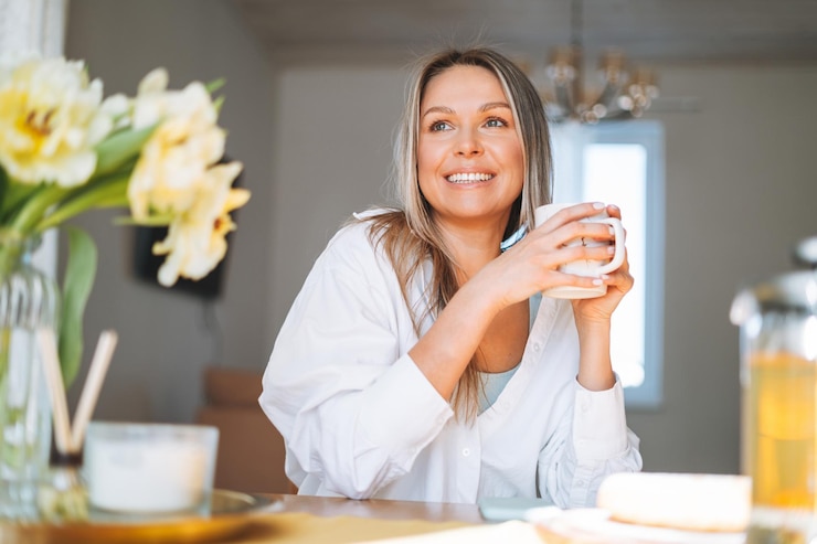 Jovem linda mulher feliz com cabelo comprido loiro na camisa branca, bebendo chá com buquê de flores amarelas em um vaso na mesa de jantar no interior brilhante em casa