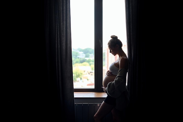 Jovem linda mulher grávida em pé perto da janela em casa