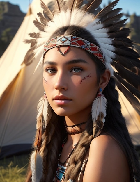 Foto jovem linda mulher nativa americana em traje tradicional