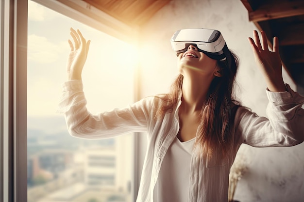 Jovem linda mulher usando fone de ouvido de realidade virtual para compras on-line em um elegante apartamento loft