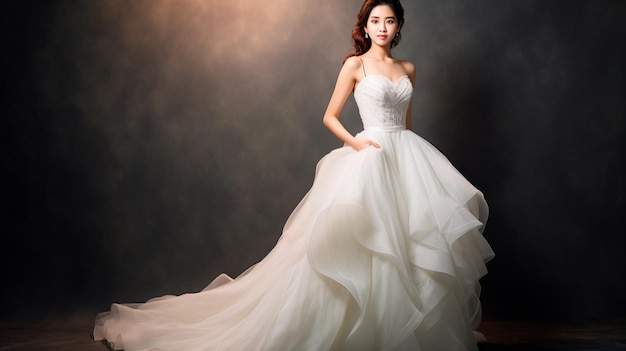 jovem linda posando em vestido de noiva