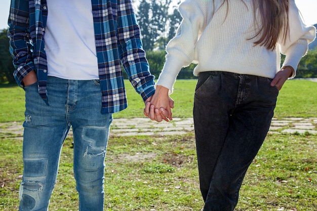 Jovem lindo casal apaixonado e de bom humor caminhando pelo parque outono de mãos dadas