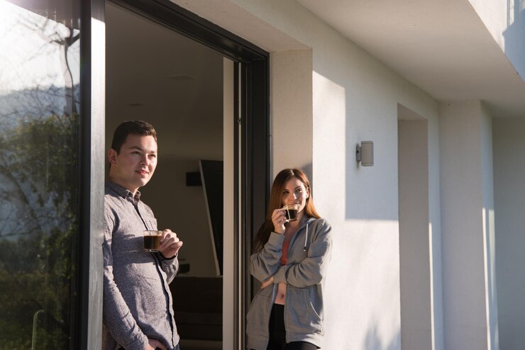 Foto jovem lindo casal bonito desfrutando de café da manhã na porta de sua casa de luxo