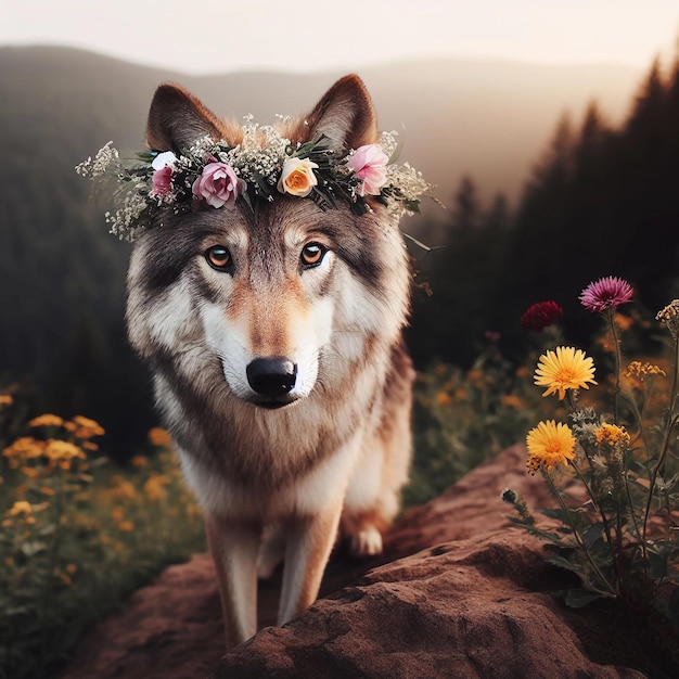 jovem lobo com flores