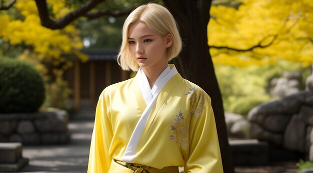 Jovem loira camisa amarela estilo quimono Royal Garden em caminhada mulheres com cabelos brancos AI Generative