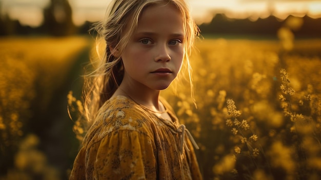 Jovem loira em campo amarelo ao pôr do sol verão Generative ai