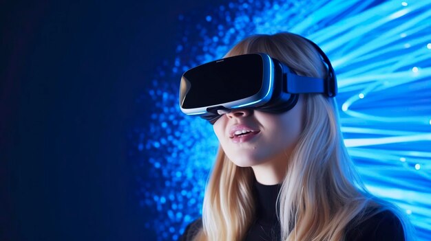 Jovem loira olha para luzes abstratas em óculos de realidade virtual pretos em um fundo azul gerat ai