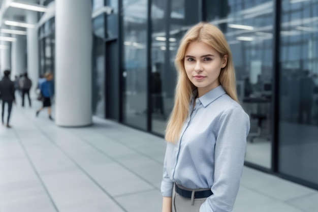 Jovem loira tímida em traje de negócios em pé no escritório ocupado Generative AI AIG20