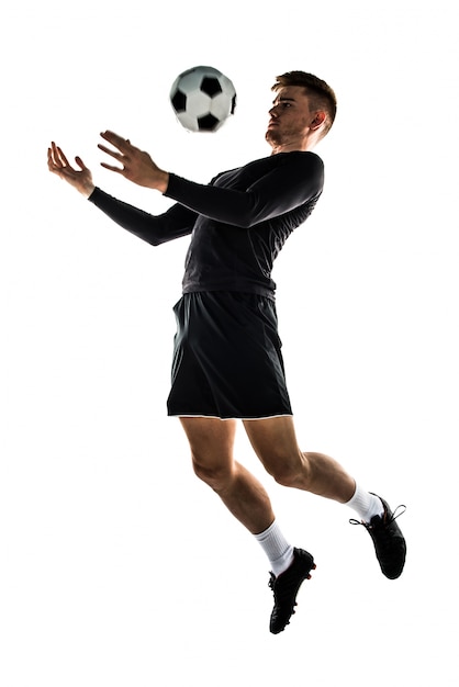 Foto jovem, loiro, homem, futebol jogando