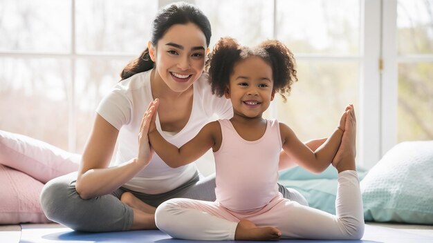 Foto jovem mãe adulta e filha pequena juntos praticando ioga