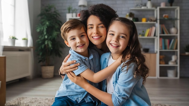 Foto jovem mãe caucasiana, filho e filha abraçados a passarem tempo juntos no quarto no fim-de-semana.