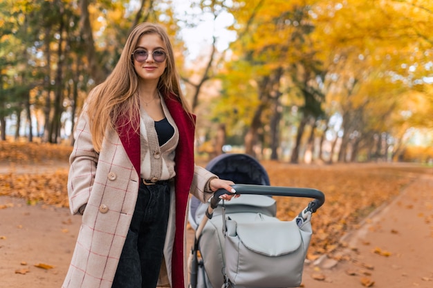 Jovem mãe com carrinho de bebê no parque